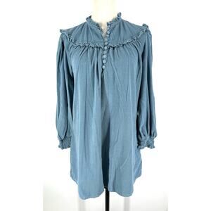 Olivia James The Label Small Women's Ruffled Mini Dress Cotton Blue Buttons